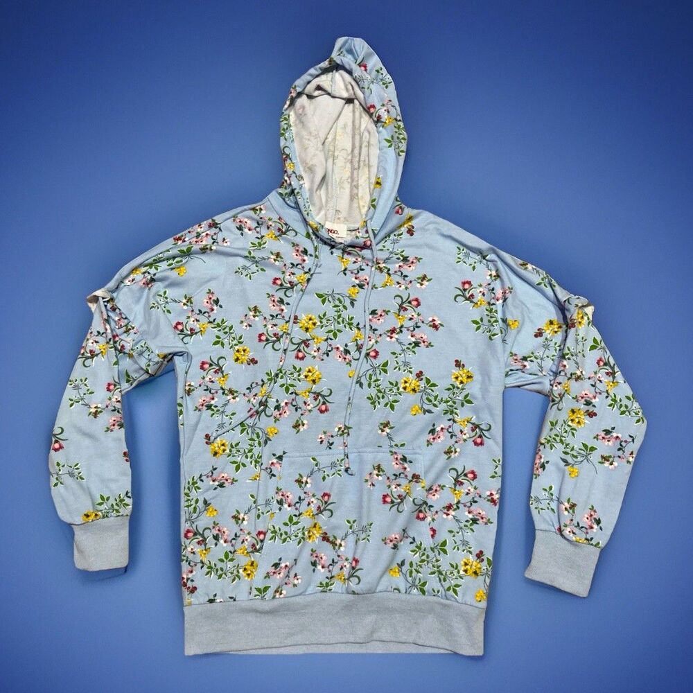 Bongo Sweatshirt Women Small Baby Blue Floral Pullover Hooded Ruffles Girly